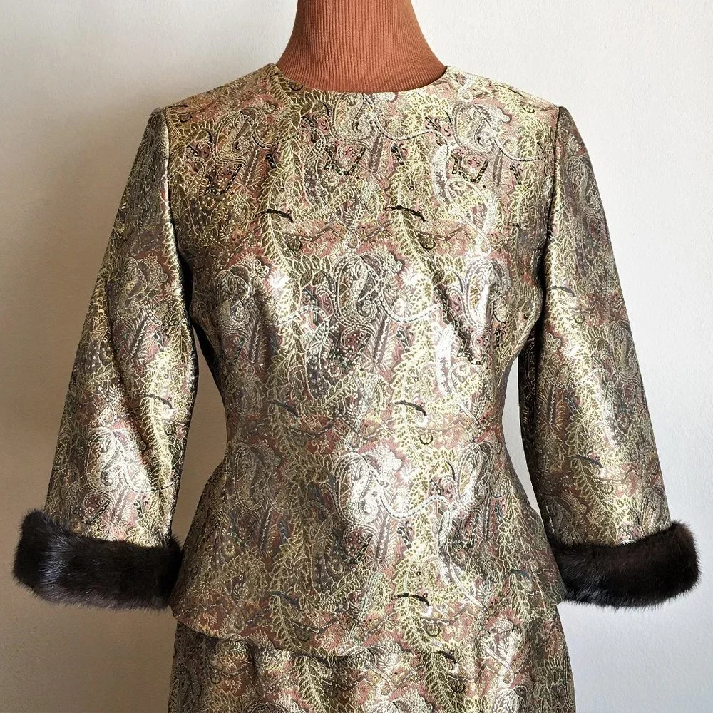 CHETTA B Gold Brocade 2-pc Skirt Set w/Mink Trim - Picture 3 of 16
